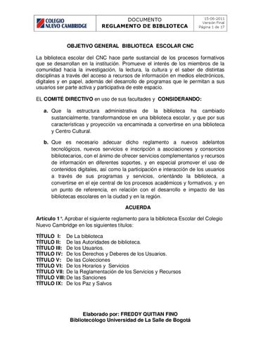 Documento que contiene las reglas en una biblioteca conoce su nombre