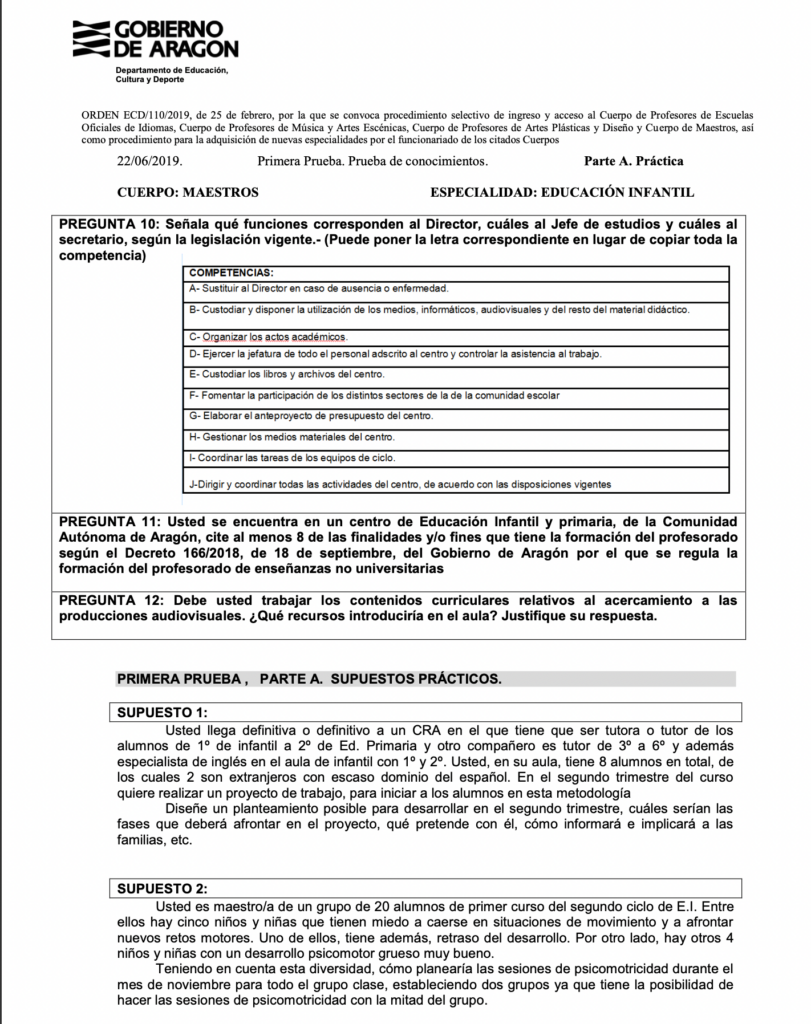 Modelos de exámenes de convocatorias pasadas de Oposiciones Primaria: Maestros de Primaria